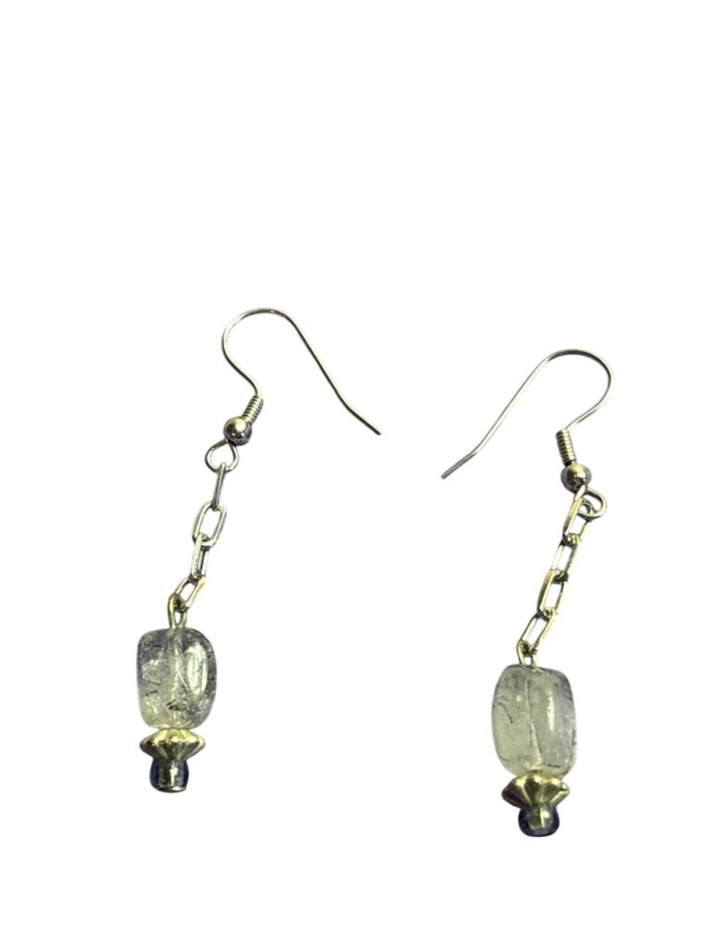 Rutilated Quartz Stone Bead dangle Earrings Silvertone Chain 2 inches